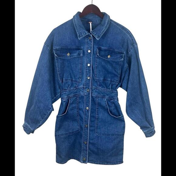 Free People Bo Denim Marine Indigo Mini Dress‎ Jacket S Button Up - Picture 1 of 5